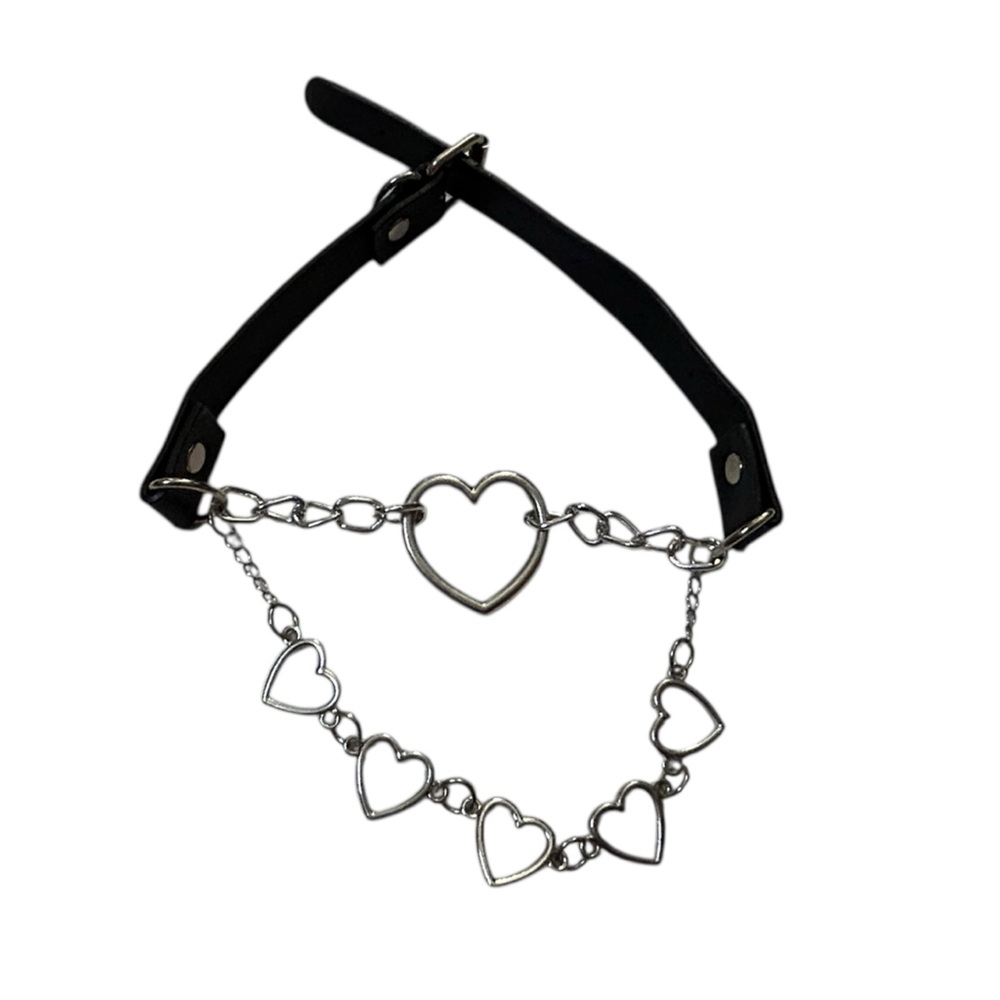 Spencer’s Y2K Hanging Heart Chain Charm Silver and Black Choker OS